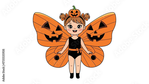 Pumpkin Fairy: A charming illustration of a young girl dressed as a pumpkin fairy, embodying the playful spirit of Halloween. Featuring pumpkin wings and a matching headpiece.