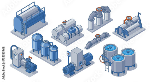 Industrial equipment collection in isometric style featuring pumps and tanks
