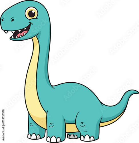 Cute cartoon dinosaur illustration with long neck, happy blue brontosaurus character, funny prehistoric animal drawing, smiling reptile artwork for kids