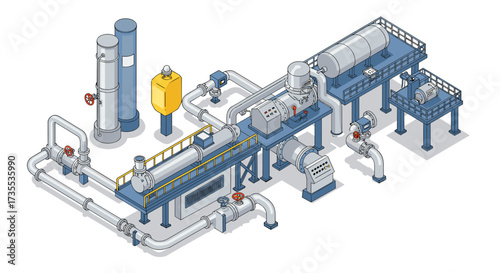 Isometric industrial pipeline system with machinery and valves