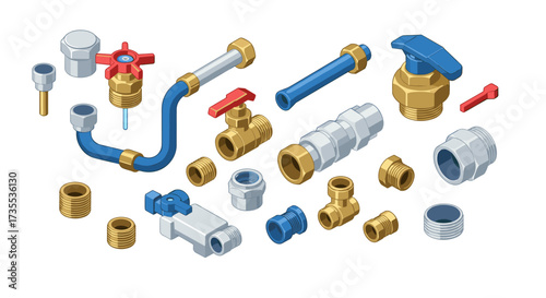 Isometric plumbing components diagram featuring fittings and valves