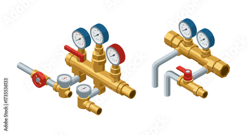Detailed isometric plumbing valves and gauge system for hydraulic solutions