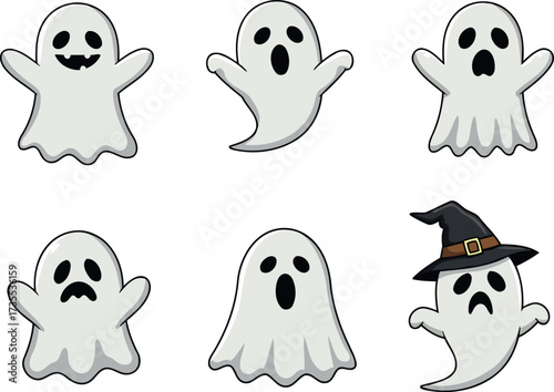 A collection of six cute cartoon ghosts with various expressions, including happy, sad, and scared, isolated on a white background.