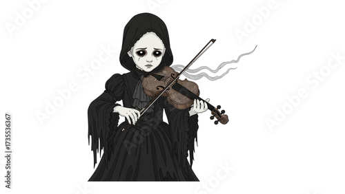 Melancholy Ballad: A lone figure, clad in a somber gown, pours their heart out through the strings of a violin, crafting a portrait of profound sorrow and delicate melody.