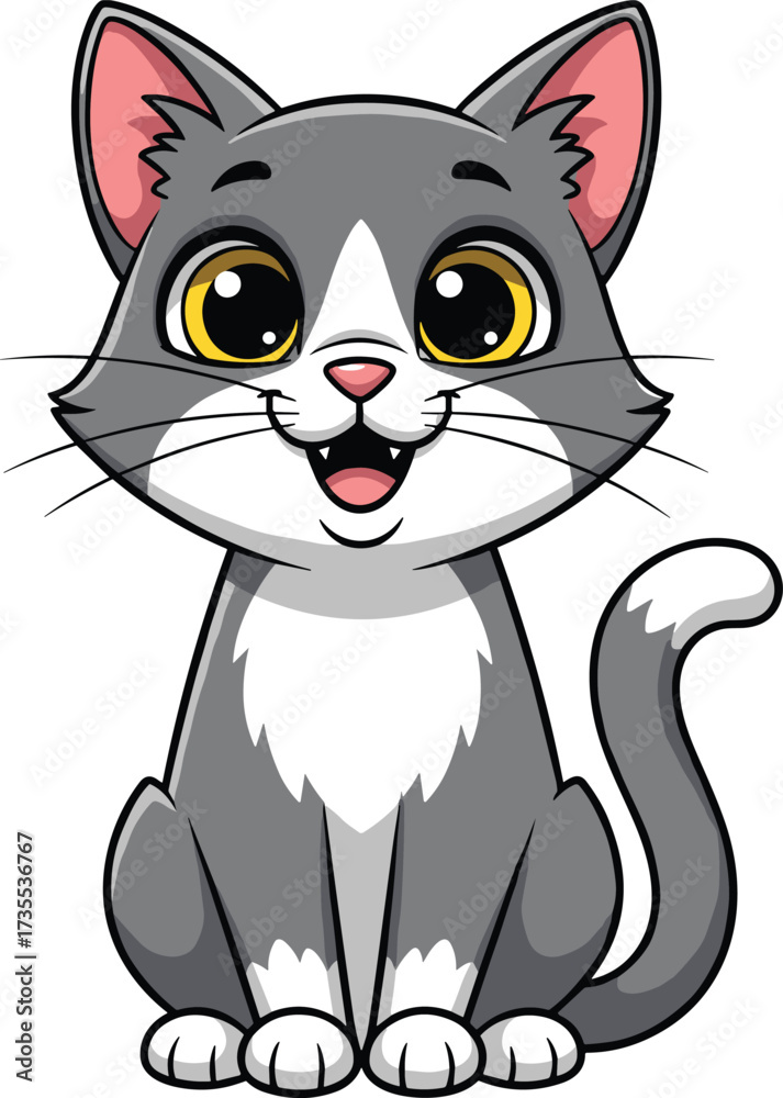 Fototapeta premium Cute cartoon gray and white cat with big eyes, happy kitten character illustration, adorable domestic pet drawing, funny feline children design art