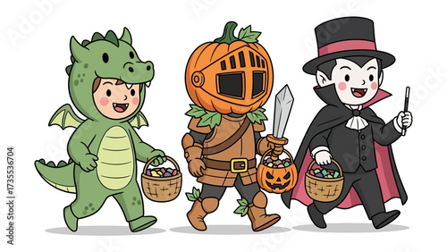 Enchanting Trio of Halloween Characters: A delightful illustration showcasing a Dragon, Pumpkin Knight, and Vampire in vibrant Halloween costumes, each holding a trick-or-treat basket.