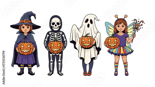 Halloween Fantasy: Four children are in Halloween costumes, embracing the spooky spirit. A witch, skeleton, ghost, and fairy holding a pumpkin, celebrating All Hallows' Eve with charm.