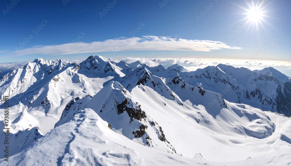 Obraz premium Panoramic view of snow-capped mountain peaks under a clear blue sky