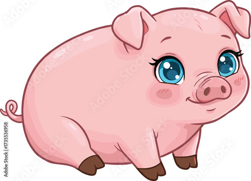 Cute cartoon pig with big blue eyes sitting on ground, adorable pink farm animal illustration, funny baby piglet character design