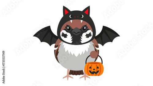 Halloween Bird Delight: A cheerful illustration of a little bird dressed in a charming Halloween costume with a carved pumpkin basket, perfect for spreading the spooky spirit!