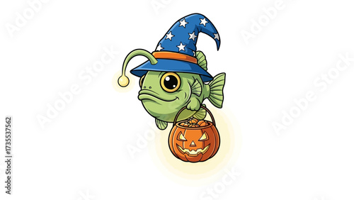 Anglerfish Halloween Costume: An illustration of an anglerfish, whimsically attired in a wizard's hat, playfully carrying a carved pumpkin bucket, embodying Halloween spirit.
