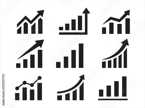 The image displays nine stylized bar graphs with upward-pointing arrows, all in black silhouette against a white background. Each graph depicts a trend of increasing values over time, using bars 