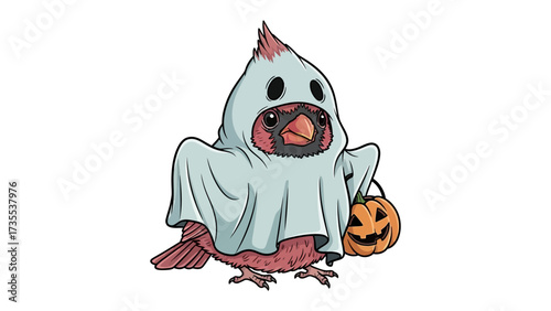 Halloween Cardinal: A cute illustration shows a cardinal dressed in a ghost costume holding a carved pumpkin, embodying the spirit of Halloween.