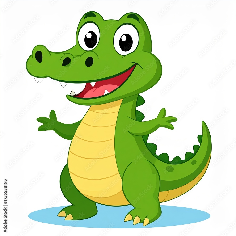 Fototapeta premium Cartoon illustration of a smiling green crocodile with arms outstretched, standing on a light blue surface.