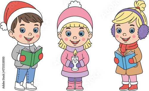Cute children singing Christmas carols with candle and books, winter holiday illustration, cartoon kids in warm clothes, festive celebration artwork
