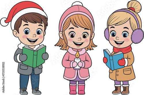 Cute children singing Christmas carols with candle and books, winter holiday illustration, cartoon kids in warm clothes, festive season artwork