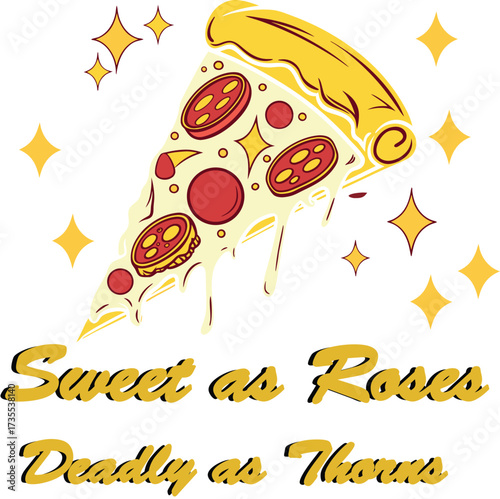 pizza slice with toppings and sparkles under poetic text in bold yellow font on white background