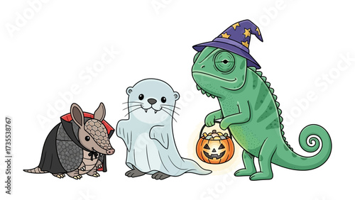 Spooky Halloween Critters: Armadillo, Otter, and Chameleon embrace the Halloween spirit. The trio, dressed in fun costumes, and each holding a festive trick-or-treat.