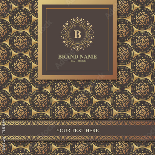 Elegant Ornate Brown and Gold Patterned Background with Brand Name Template