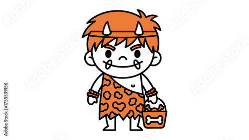 Caveman with bone bucket: A cheerful cartoon caveman, adorned in a fur outfit and carrying a bone-shaped bucket, stands out. The vector illustration highlights the whimsical design and simplicity