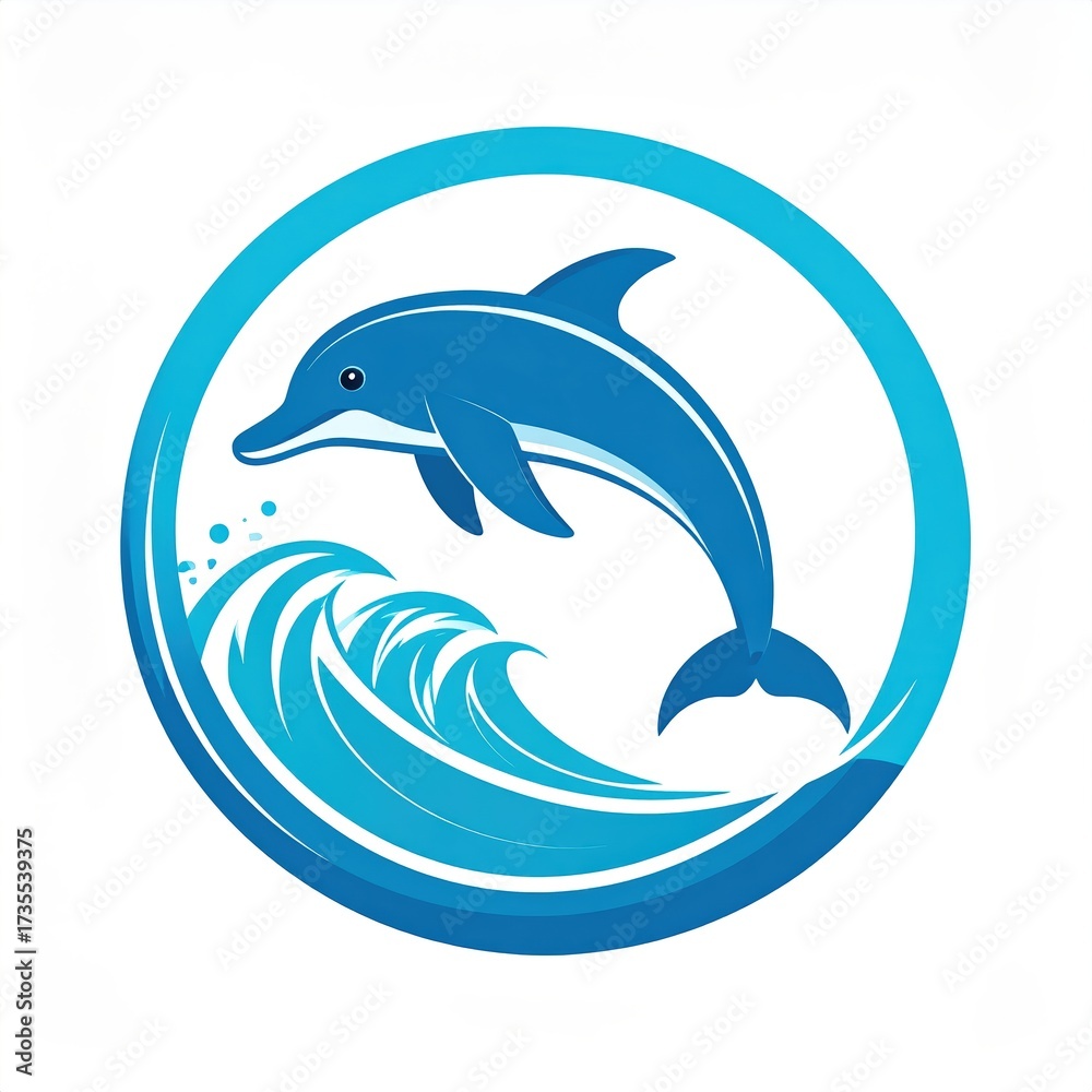 Fototapeta premium A blue dolphin leaps from a stylized wave inside a blue and white circular frame.