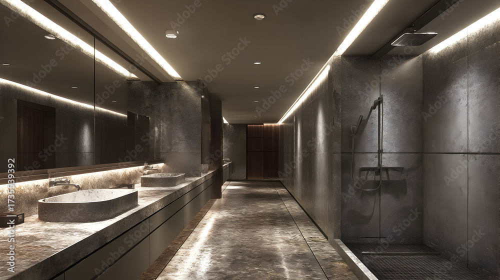 Fototapeta premium Modern bathroom showcases spa-inspired luxury in warm lighting