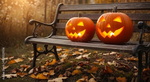 Two jackolanterns glow on a park bench amid fallen leaves in a warm autumnal setting