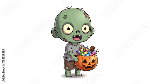 Creepy Halloween Cartoon Zombie: A cartoon zombie with a pumpkin-shaped candy basket, the scene evokes both spookiness and childlike glee, a unique depiction of the Halloween holiday.