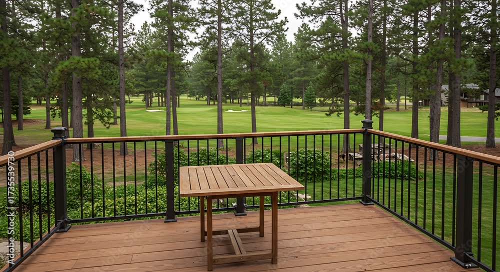 Obraz premium Wooden deck with table overlooking green landscape and tall trees