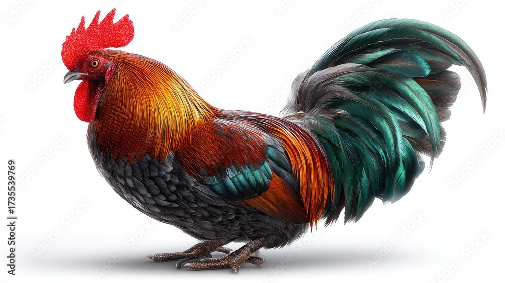 Fototapeta premium Rooster's Vivid Display: A close-up shot captures the stunning vibrant details of a rooster, showcasing its proud stance, iridescent plumage and prominent red comb.