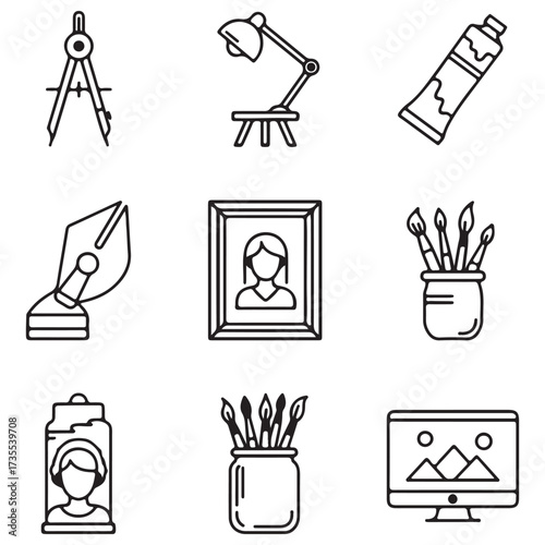 Collection of Black and White Line Art Icons for Art, Design, and Creative Work