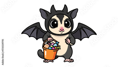 Cute Sugar Glider Costume: A charming sugar glider, clad in an adorable bat costume, holds a filled candy bucket, embodying the spirit of Halloween with whimsy and delight.