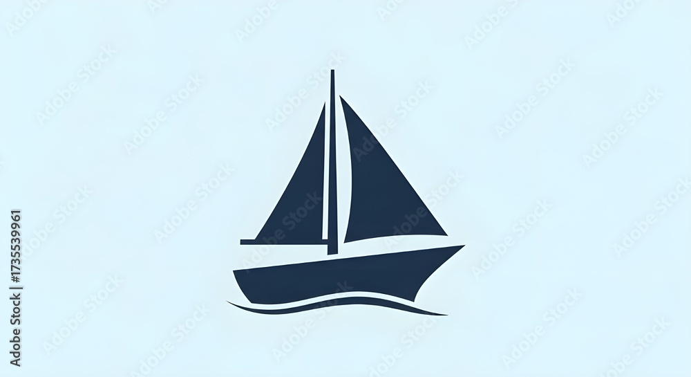 Fototapeta premium Simple silhouette of a dark blue sailboat on light blue water