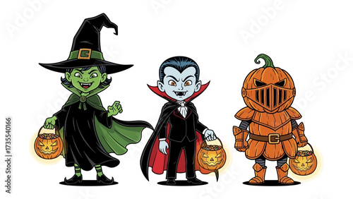 Halloween Trio: A charming cartoon of a witch, vampire, and pumpkin head character in Halloween celebration, carrying lanterns with gleeful smiles. 