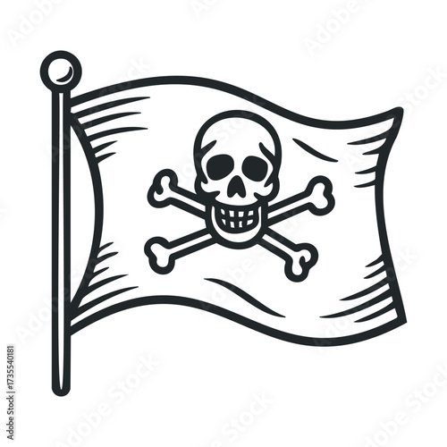 Pirate flag design featuring skull and crossbones symbol. Vector line illustration
