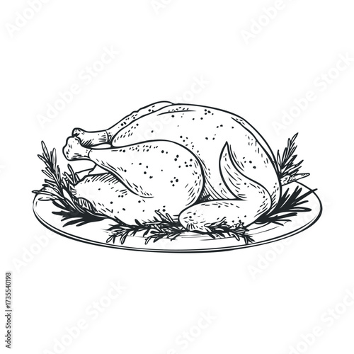 Roast chicken served on a platter with herbs for holiday feast. Vector hand drawn illustration