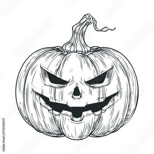 Halloween pumpkin carving with spooky face design for decoration. Vector hand drawn illustration