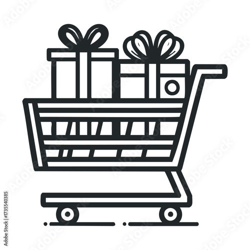 Shopping cart filled with wrapped gifts for special occasions. Vector line illustration