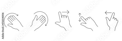 Hand gesture, rotate swipe, scroll tap, direction navigation, control movement, minimal line action icon set vector illustration.