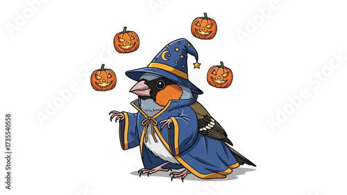 Wizard Bird with Pumpkins: A whimsical illustration portrays a bird adorned in a wizard's attire, complete with a pointed hat and flowing robe.