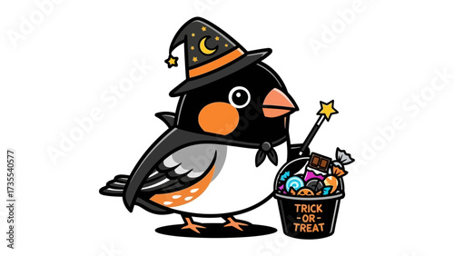 Cute Halloween Bird: A whimsical illustration of a charming bird, adorned in a witch's hat and cape, gleefully clutching a candy-filled bucket, perfect for seasonal greetings!