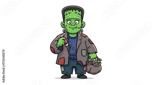Frankenstein Halloween Cartoon: A whimsical illustration of the iconic monster, Frankenstein, sporting a charming grin and a bag of treats, ready for Halloween festivities. 