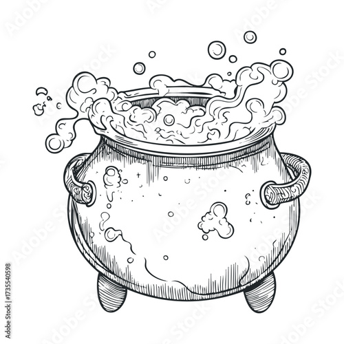 Magical cauldron bubbling with potion during Halloween celebration. Vector hand drawn illustration