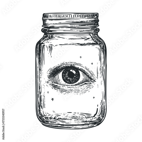 Eye in a jar concept for unique home decor or art display. Vector hand drawn illustration