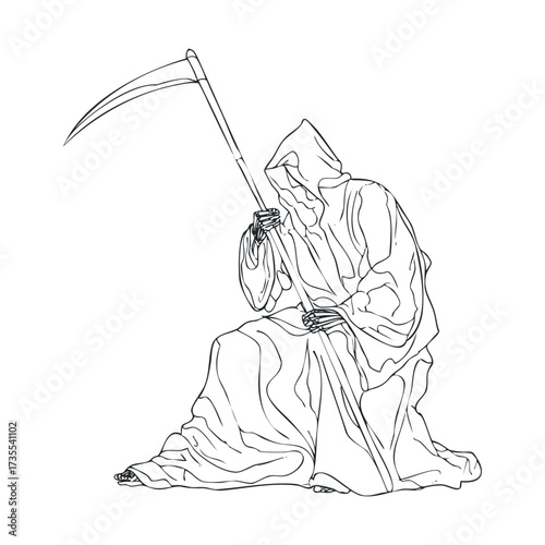 Grim reaper figure with scythe in a contemplative pose. Vector hand drawn illustration