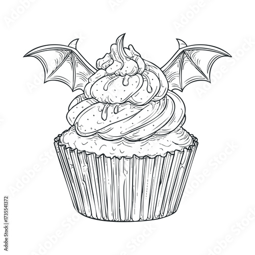 Halloween themed cupcake with bat wings for festive celebration. Vector hand drawn illustration