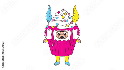 Playful Cupcake Monster: A whimsically illustrated cupcake monster with colorful frosting, horns, and sprinkles leaps off the page, embodying a sense of fun and childish delight.