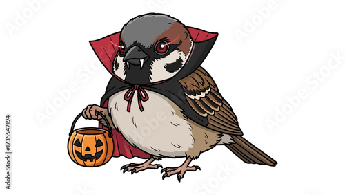 Spooky Sparrow: A charming illustration of a sparrow dressed as a vampire for Halloween, holding a jack-o'-lantern treat bucket, perfect for festive designs.