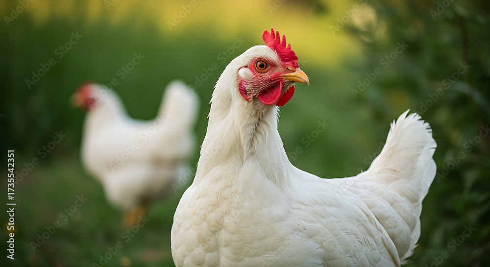 Fototapeta premium White hen portrait against a blurred green background on a sunny day