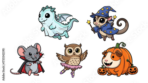 Whimsical Halloween Creatures Collection: This vibrant illustrations showcases a charming ensemble of six fantastical creatures, each embodying the spirit of Halloween with adorable costumes.